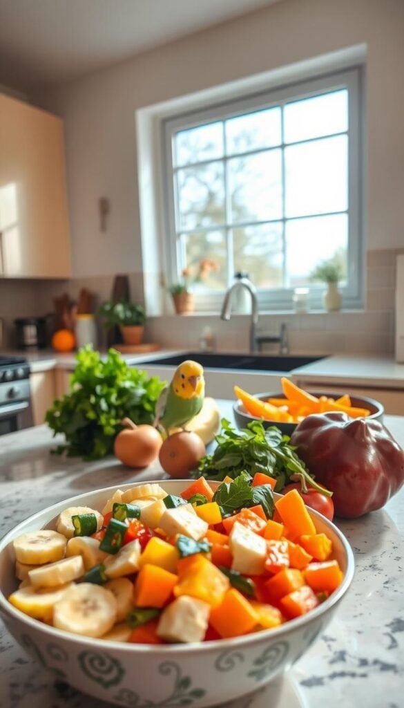 A well-lit kitchen counter, with a variety of fresh budgie-friendly foods arranged neatly. In the foreground, a bowl of chopped fruits and vegetables, including sliced bananas, diced carrots, and leafy greens. In the middle, a budgie perched on the edge of the counter, curiously inspecting the balanced meal. The background features a large window, allowing natural light to flood the scene, creating a warm and inviting atmosphere. The lighting is soft and even, highlighting the vibrant colors of the produce and the budgie's delicate feathers. The overall composition conveys a sense of care and attention to the budgie's dietary needs.
