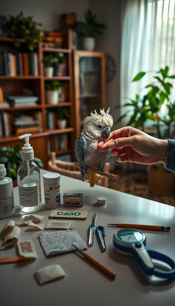 A well-lit, meticulously detailed scene of a home veterinary first aid station for sick birds. In the foreground, an array of medical supplies - bandages, antiseptic, tweezers, and a thermometer - neatly arranged on a clean surface. In the middle ground, a perch with a sick parrot resting, its feathers ruffled, receiving attentive care from a compassionate human hand. The background depicts a cozy, domestic interior with bookshelves, houseplants, and soft, diffused lighting, conveying a sense of safety and comfort. The overall mood is one of calm, focused care and concern for the avian patient.