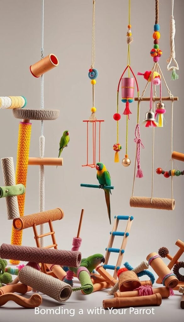 A well-lit, seamless studio scene showcasing a dynamic arrangement of interactive parrot toys. In the foreground, a variety of vibrant, textured perches, ladders, and swings invite the bird to explore and play. In the middle ground, colorful hanging toys with bells, mirrors, and rope elements encourage dexterous manipulation. The background features a clean, neutral backdrop, allowing the toys to take center stage. Soft, diffuse lighting casts an inviting, warm glow, highlighting the toys' intricate details and natural materials. The overall composition exudes a sense of engagement, interaction, and enrichment, perfectly suited to illustrate the "Interactive Toys: Bonding with Your Parrot" section.