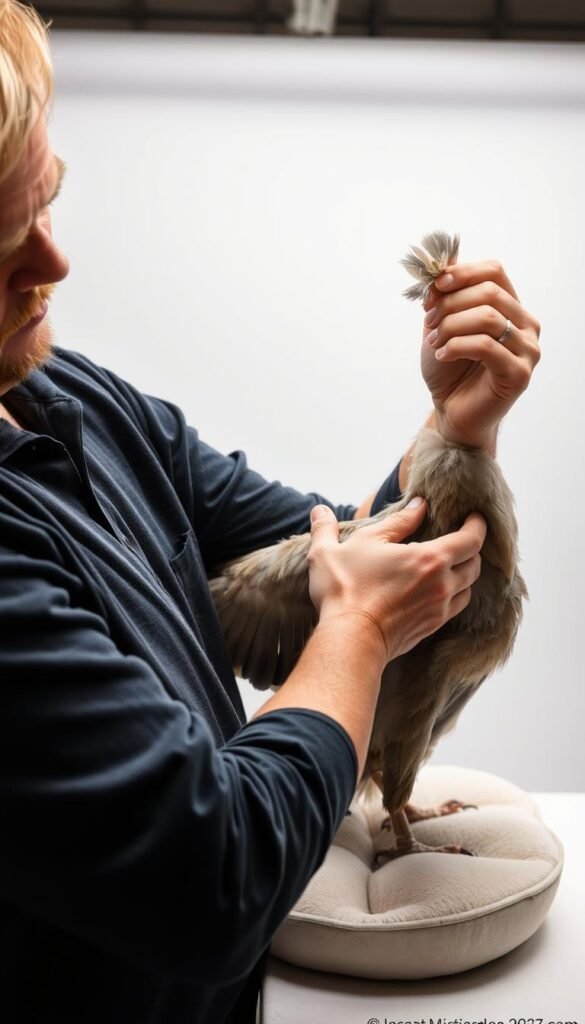 A well-lit studio scene depicting a person carefully examining a bird's wing, gently spreading the feathers to check for any problematic "blood feathers" that require careful trimming. The subject is shown in a calm, focused pose, with the bird resting comfortably on a soft, supportive surface. The lighting is soft and diffused, highlighting the delicate textures of the feathers and creating a serene, professional atmosphere. The background is clean and uncluttered, allowing the viewer's attention to remain on the safe, responsible handling of the bird's wing.