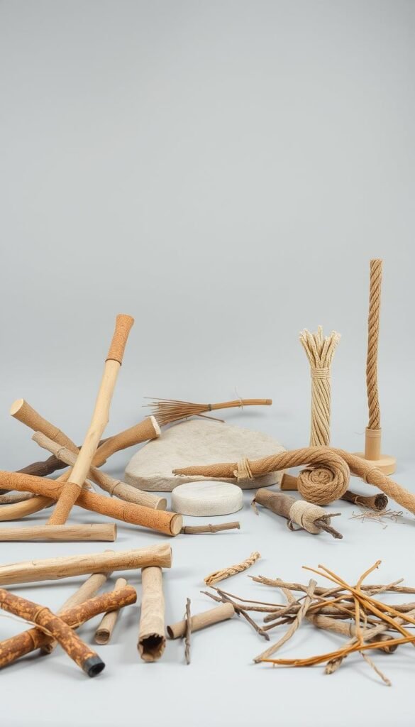 A well-lit studio setup showcasing an assortment of natural perch materials for bird enclosures. In the foreground, an array of wooden branches, cork bark, and natural ropes in varying thicknesses and textures. The middle ground features a smooth stone slab and a handful of twigs and sticks. In the background, a neutral gray backdrop with soft, even lighting to highlight the details and colors of the perch materials. The overall scene conveys a sense of simplicity, highlighting the key factors to consider when selecting perch materials for optimal bird foot health.