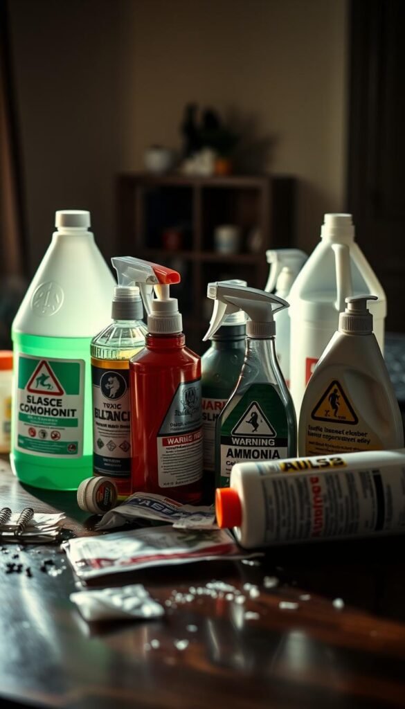 A well-lit tabletop scene showcasing an assortment of common household cleaning products - bleach, ammonia, disinfectants, and other harsh chemicals - all with prominent warning labels. The products are arranged in a haphazard, carelessly discarded manner, conveying a sense of danger and neglect. The lighting is sharp and direct, casting dramatic shadows to heighten the ominous mood. The background is blurred, keeping the focus on the toxic cleaning agents in the foreground. The overall atmosphere suggests the immediate risks these substances pose to pet birds if mishandled or improperly stored.