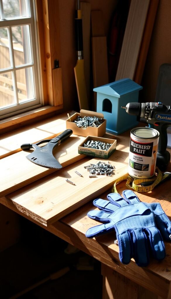 A well-lit wooden workbench, holding an assortment of materials for crafting a bluebird house: smooth pine boards, a small hand saw, a box of galvanized nails, a drill with various bits, a roll of sandpaper, and a tin of exterior wood paint in a soft blue hue. A pair of gardening gloves and a tape measure lie nearby, ready for the DIY project. The scene is bathed in warm, natural lighting from a window, casting gentle shadows and highlighting the textures of the materials. The overall mood is one of anticipation and enthusiasm for the upcoming birdhouse construction.