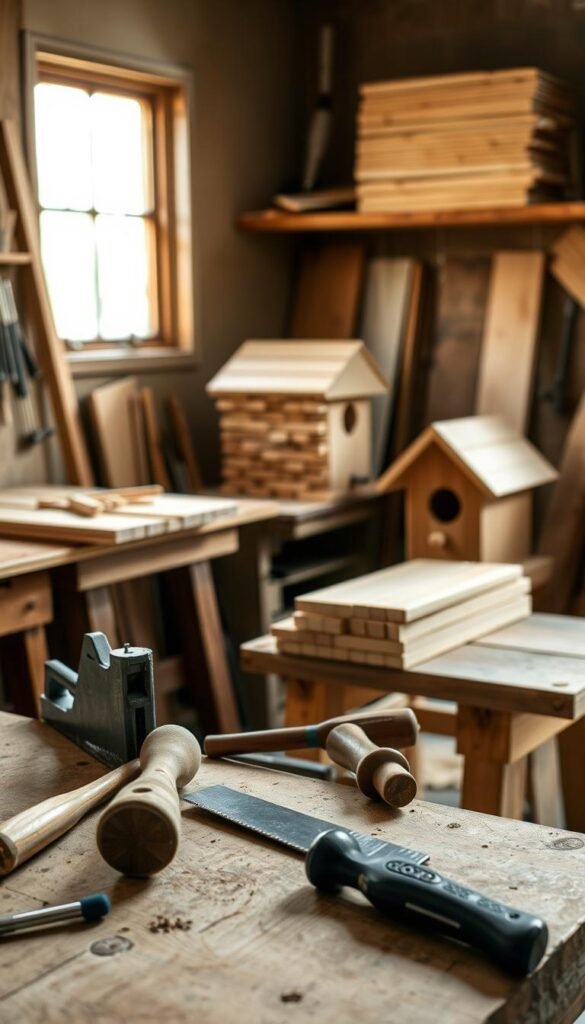 A well-lit woodworking workshop, with a sturdy workbench in the foreground. On the bench, a collection of hand tools - a saw, a mallet, and chisels - arranged neatly. In the middle ground, a stack of fresh, unfinished wood planks, ready to be cut and shaped into the pieces for a rustic birdhouse. The lighting is warm and natural, casting soft shadows that add depth and texture to the scene. The atmosphere is one of focused concentration and careful craftsmanship, reflecting the skilled process of preparing the materials for the birdhouse construction.