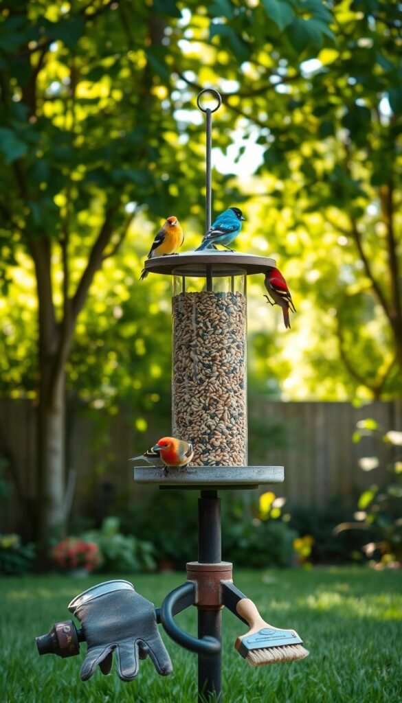 A well-maintained bird feeder, filled with a variety of nutritious seeds, stands prominently in a lush backyard setting. The feeder's sturdy metal frame and weathered wooden accents blend seamlessly with the surrounding greenery. Gentle sunlight filters through the canopy of trees, casting a warm glow on the feeder and illuminating the vibrant plumage of the birds perched atop it. In the foreground, a pair of gardening gloves and a small brush lie nearby, suggesting a recent cleaning and replenishment of the feeder. The overall scene conveys a sense of tranquility and a deep appreciation for the beauty of nature.