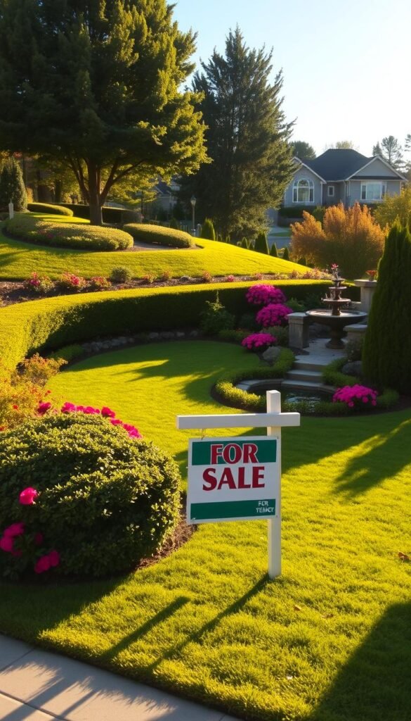 A well-manicured, lush backyard garden with vibrant flowers, neatly trimmed hedges, and a serene water feature. The property is situated on a gently sloping hill, bathed in warm, golden sunlight that casts soft shadows across the scene. In the foreground, a for-sale sign stands prominently, highlighting the increased curb appeal and perceived value of the home due to the meticulously maintained outdoor space. The background showcases a suburban neighborhood with tidy, well-kept houses, suggesting the overall desirability of the area. The image conveys a sense of tranquility, pride of ownership, and the potential for an improved quality of life that a beautiful backyard garden can bring to a property.