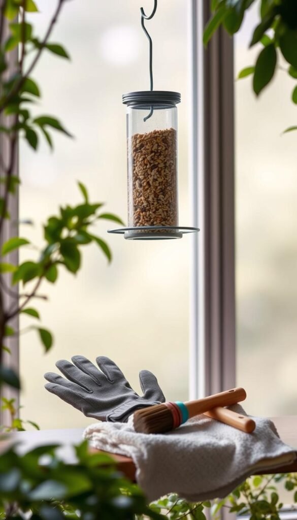 A well-organized bird feeder station with a variety of bird seed and tools for maintenance. The feeder is hung from a sturdy metal hook, surrounded by lush greenery and a soft, diffused lighting. In the foreground, a pair of gardening gloves, a small brush, and a cleaning rag are neatly arranged, suggesting the care and attention required to keep the feeder in top condition. The background features a serene, blurred window view, creating a calming atmosphere. This image captures the essential elements for effective maintenance and cleaning of a DIY window bird feeder station.