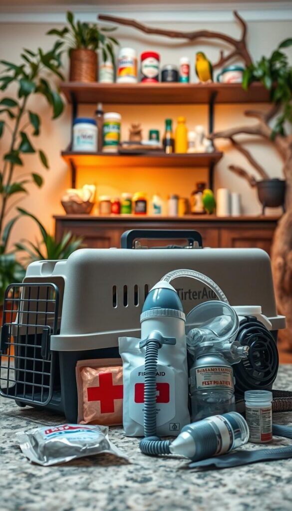 A well-prepared bird owner's home, showcasing essential emergency supplies. In the foreground, a sturdy travel carrier, a first-aid kit, and an oxygen mask designed for avian creatures. In the middle ground, shelves stocked with bird-safe food, water, and medication. The background depicts a cozy, bird-friendly environment with lush plants and natural perches, illuminated by warm, gentle lighting. The overall scene conveys a sense of organization, care, and readiness to address any unexpected avian healthcare needs.