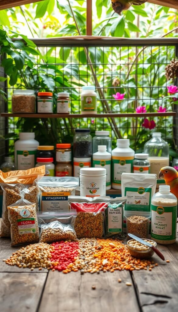 A well-stocked aviary, illuminated by soft natural light, showcases an array of bird supplements and specialized diets. In the foreground, a selection of colorful pellets, seeds, and vitamin-enriched treats are displayed on a rustic wooden table. Behind them, various jars and containers hold specialized powders, liquids, and supplements tailored for different avian species and their unique nutritional needs. In the background, a lush, verdant backdrop of leafy plants and flowers creates a serene, natural ambiance, emphasizing the importance of a balanced, natural diet for our feathered friends.