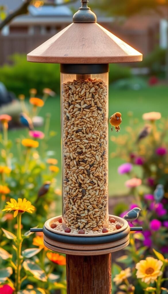 A well-stocked bird feeder filled with an assortment of budget-friendly bird seeds, sunflower hearts, and dried mealworms, set against a warm, golden-hour lighting in a picturesque backyard landscape. The feeder is positioned on a rustic wooden post, surrounded by lush greenery and vibrant flowers that attract a variety of feathered visitors. The scene conveys a sense of tranquility and provides a welcoming environment for the local bird population, inspiring beginner birdwatchers to create their own budget-friendly backyard oasis.