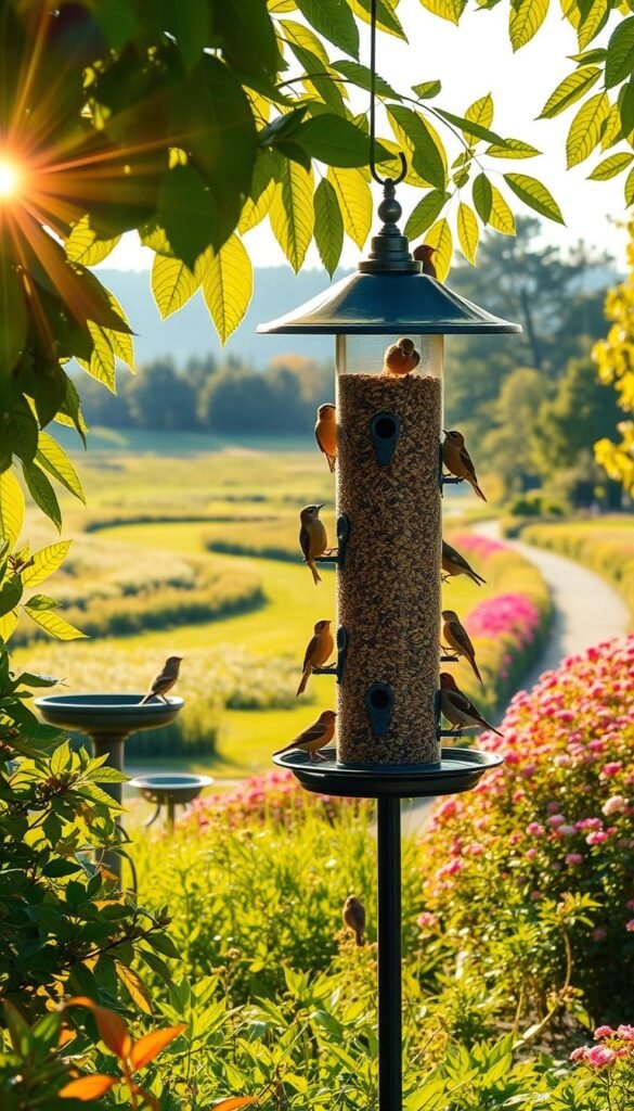 A well-stocked bird feeder stands in a lush garden, surrounded by vibrant foliage. Sunlight filters through the leaves, casting a warm, golden glow over the scene. In the foreground, a variety of birds perch on the feeder, eagerly consuming the high-quality seed mix. The feeder's design features multiple feeding ports, allowing several birds to dine simultaneously. In the middle ground, a bird bath sits nearby, providing a source of fresh water for the feathered visitors. The background showcases a picturesque landscape, with a winding path leading through a flowering meadow and a distant tree line framing the tranquil setting. The overall atmosphere conveys a sense of harmony between nature and the human desire to nurture and observe avian wildlife.