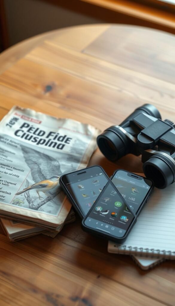 A well-worn field guide and a modern bird identification app lie side by side on a wooden table, illuminated by soft natural light filtering through a nearby window. The guide's worn cover and weathered pages suggest years of dedicated birdwatching, while the sleek smartphone screen displays a vibrant array of bird images and information. The setup conveys the symbiotic relationship between traditional and technological tools essential for the beginner birdwatcher, ready to embark on their avian exploration. A pair of binoculars and a notebook complete the scene, hinting at the meticulous observations and records that will accompany the journey.
