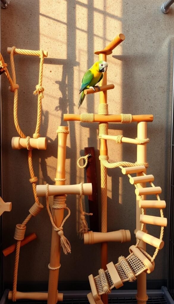 A whimsical collection of wooden and rope climbing toys for a curious parrot's cage. Perches, ladders, and bridges in natural hues arranged against a textured concrete wall, casting warm, directional shadows. Toys of various shapes and sizes invite the bird to explore and ascend, encouraging physical activity and mimicking the challenges of their natural habitat. The scene has a playful, organic atmosphere, with thoughtful, ergonomic design that promotes the parrot's well-being and enrichment.