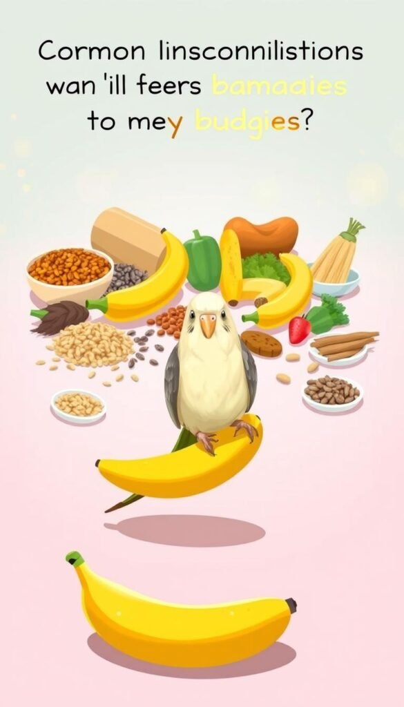 A whimsical illustration depicting common misconceptions about feeding bananas to budgies. In the foreground, a budgie perched on a ripe yellow banana, looking quizzical. In the middle ground, various food items such as seeds, pellets, and fresh vegetables surround the banana, representing the budgie's diverse dietary needs. The background features a soft, pastel-hued setting with gentle lighting, conveying a sense of tranquility and educational intent. The overall scene aims to gently dispel myths and promote responsible budgie care through a visually engaging and informative composition.