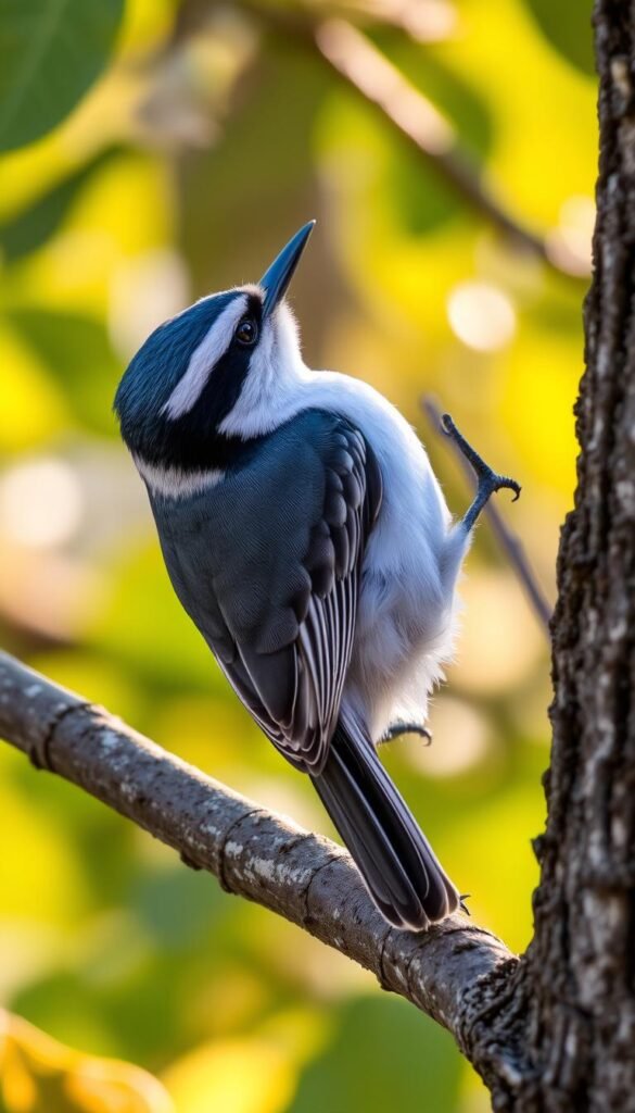 A white-breasted nuthatch, perched on a branch, its slate-gray back and white breast in sharp focus. The bird's black cap and white cheeks are accentuated by warm, natural lighting filtering through the lush, green foliage in the background. The nuthatch appears to be in motion, its body angled as it scans the bark for insects, showcasing its agile, acrobatic movements. The image is captured with a shallow depth of field, creating a sense of intimacy and drawing the viewer's attention to the bird's captivating details.