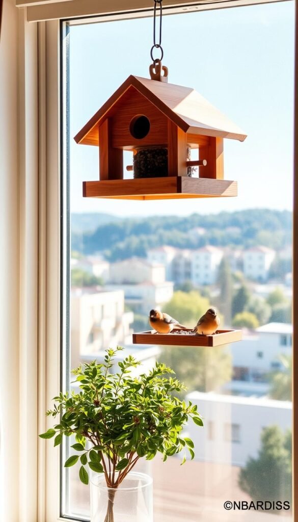 A window-mounted bird feeder in warm, natural lighting. In the foreground, a well-designed wooden feeder with various seed ports, perches, and a slanted roof to protect the contents. The feeder is installed on a clean, freshly-washed window, allowing an unobstructed view of the birds visiting. In the middle ground, a flourishing houseplant or decorative element frames the scene. The background depicts a peaceful urban landscape, with distant buildings and trees providing a soothing, tranquil atmosphere. The overall composition evokes a sense of bringing the beauty of nature into one's living space, creating an inviting and serene setting for birdwatching.