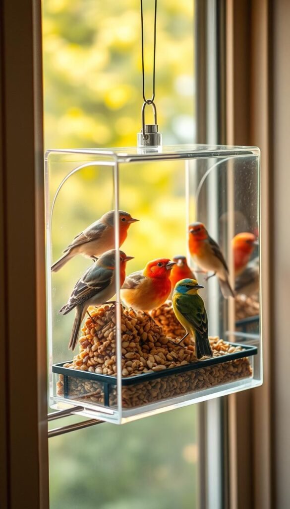 A window-mounted bird feeder with a clear acrylic or glass casing, offering an up-close view of vibrant songbirds feasting on a variety of premium seeds and suet. The feeder is secured firmly to the window frame, angled slightly to provide the best visibility. Warm, natural lighting streams through the glass, creating a cozy, inviting atmosphere that beckons local birds. The feeder's design seamlessly blends into the home's exterior, complementing the architectural features. The birds' dynamic movements and vibrant plumage are captured in sharp detail, creating an engaging, immersive birdwatching experience from the comfort of one's own living space.