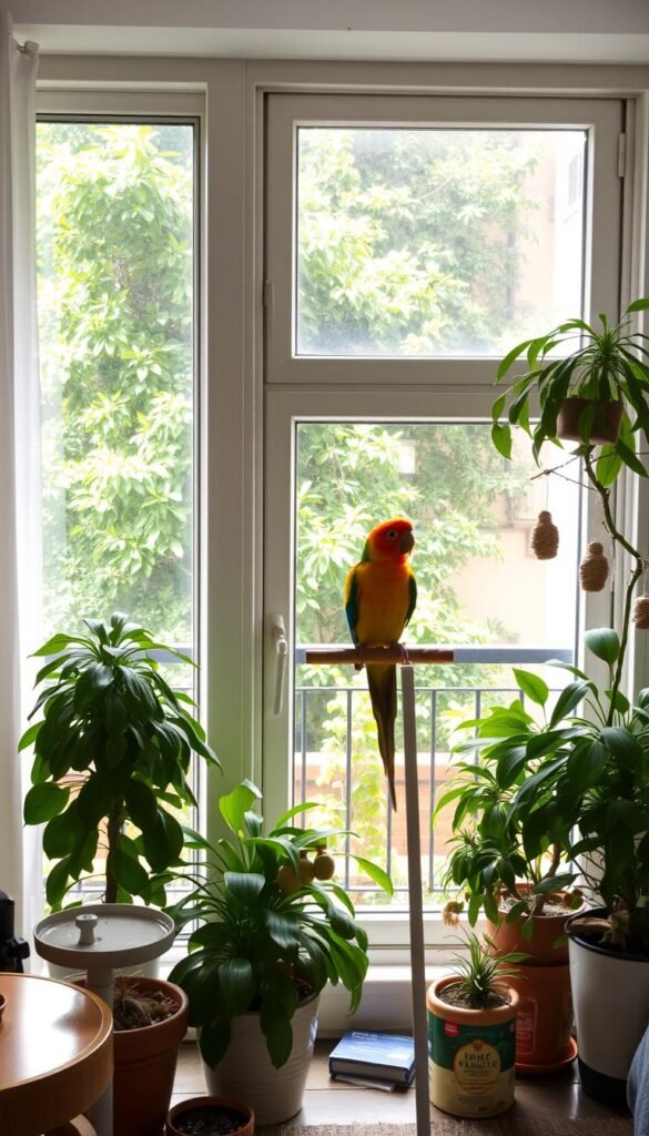 An airy, sun-drenched apartment interior, with a large window overlooking a lush, verdant balcony. Perched on a wooden perch, a vibrant, colorful bird, perhaps a cockatiel or parrot, observes the scene. Lush potted plants, a birdbath, and a variety of bird toys and accessories adorn the space, creating a cozy, nurturing environment for the feathered resident. The lighting is soft and diffused, casting a warm, natural glow. A sense of peaceful domesticity pervades the scene, reflecting the harmony between urban living and the care of a beloved avian companion.