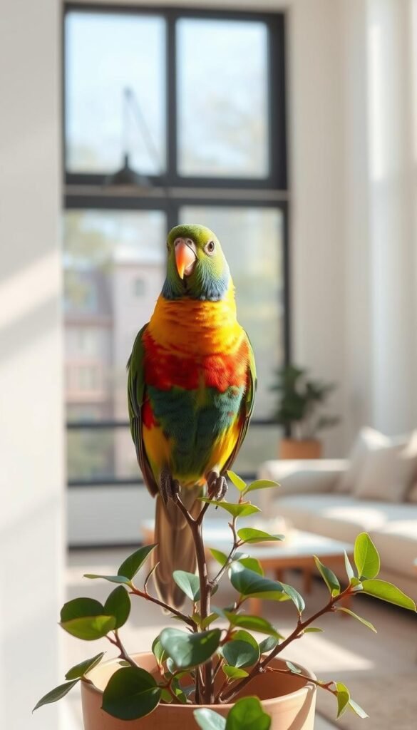 An apartment-friendly bird species perched on a potted plant, its vibrant plumage softly illuminated by natural light streaming through a large window. The bird stands alert yet calm, its intelligent eyes surveying its cozy indoor habitat. In the background, a minimalist and airy living space provides a harmonious setting, with clean lines and muted tones complementing the featured feathered companion. The overall scene conveys a sense of tranquility and the peaceful coexistence of nature and modern living, inviting the viewer to consider the pleasures of keeping an apartment-appropriate bird as a pet.