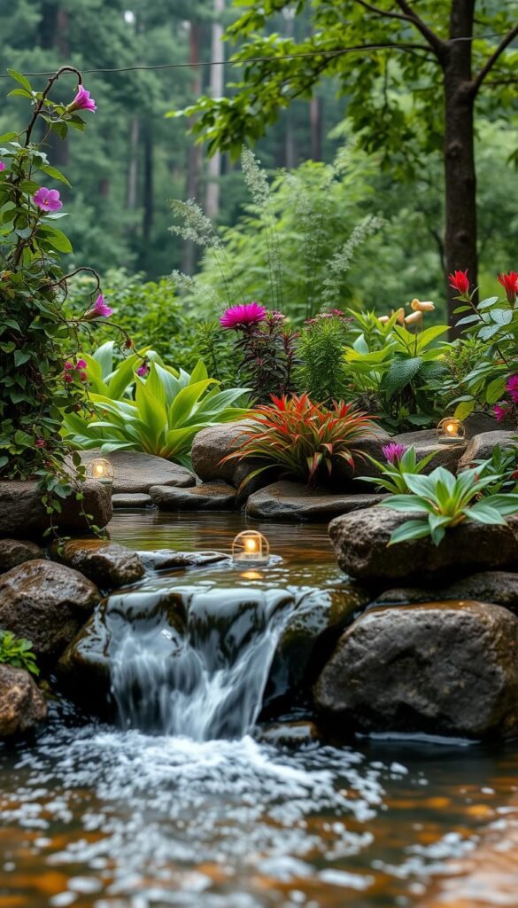 An enchanting water feature surrounded by lush, thriving plants - a verdant oasis. In the foreground, cascading water flows over smooth rocks, casting dancing lights and soft reflections. Trailing vines and vibrant flowers in shades of green, purple, and red adorn the edges, creating a natural, harmonious composition. The middle ground showcases a variety of aquatic plants, their leaves gently swaying in the current. Delicate LED lights are strategically placed, illuminating the scene with a warm, inviting glow that accentuates the organic textures and colors. In the background, a tranquil forest backdrop provides a serene, natural ambiance, completing the serene, calming atmosphere.
