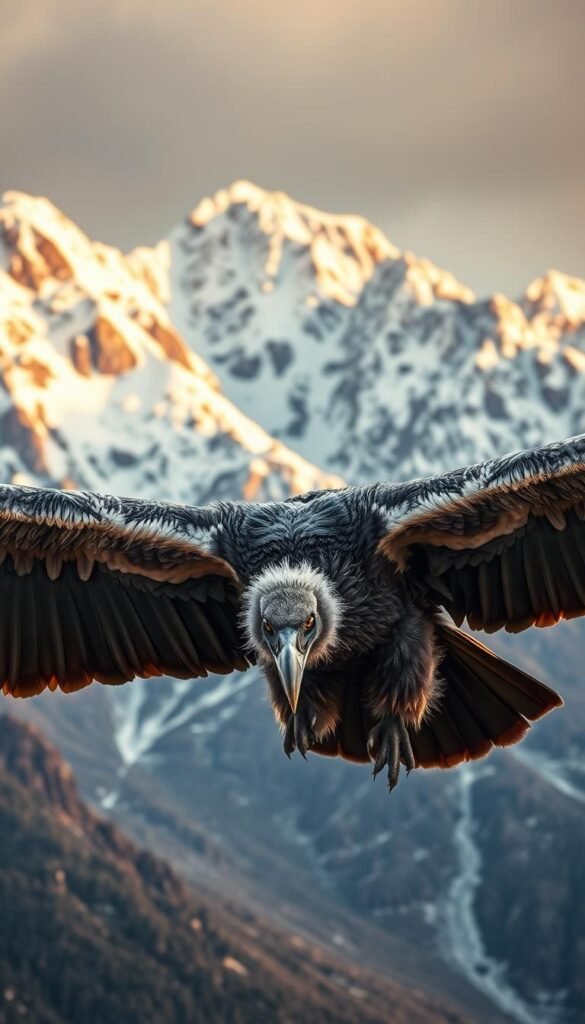 An enormous bearded vulture, its massive wings outstretched, soars effortlessly against a backdrop of towering snow-capped peaks. Its piercing golden eyes gaze intently, its hooked beak ready to crush bones. The bird's majestic presence commands the attention, its shaggy grey plumage and distinct facial ruff conveying its fearsome power. Warm, diffused lighting illuminates the rugged alpine landscape, creating a sense of grandeur and awe. The bearded vulture, the ultimate bone breaker, reigns supreme in this harsh, unyielding environment.