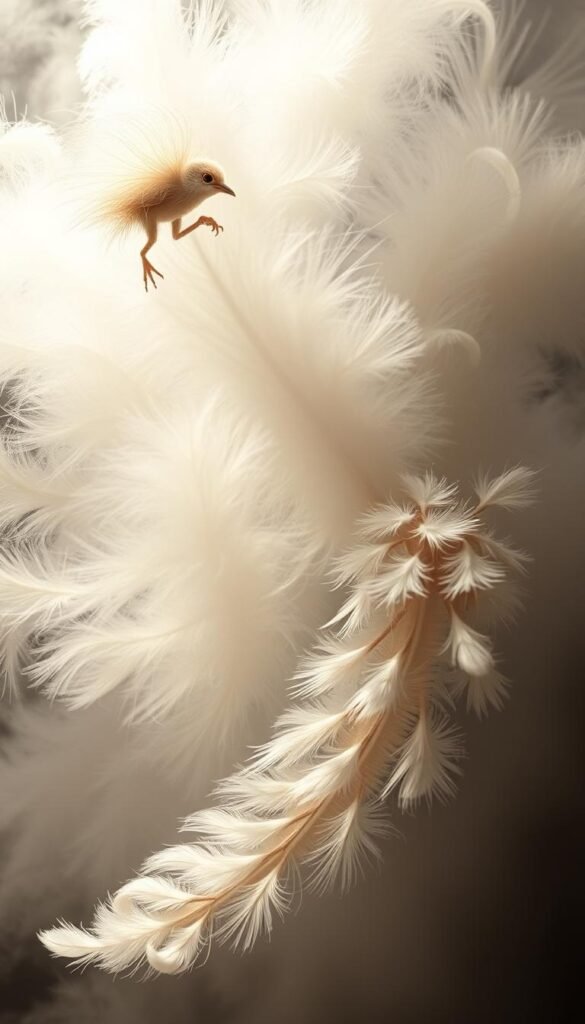 An evolutionary sequence of feather development, from primitive filamentous structures to complex pennaceous forms. A dynamic progression showcased through seamless transitions, captured in a cinematic, high-resolution rendering. Delicate plumes emerge from a wispy, ethereal backdrop, gradually transforming into intricate, feathered appendages. Soft, natural lighting accentuates the detailed textures and patterns, creating a sense of depth and movement. The scene evokes a sense of wonder and the gradual refinement of this iconic avian adaptation, essential to the story of bird communication.