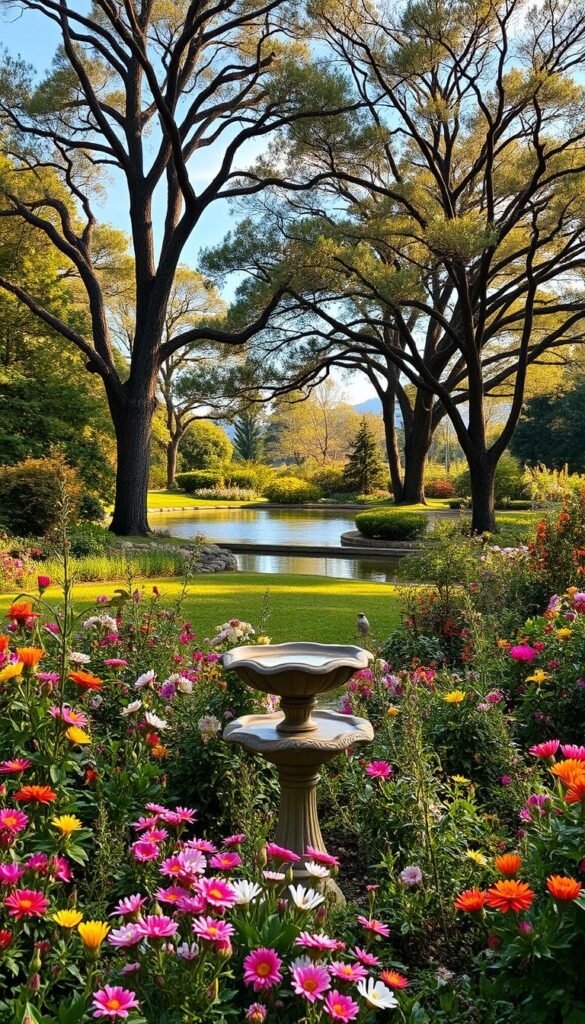 An expansive bird garden landscape with a lush, verdant backdrop. In the foreground, a tranquil birdbath nestled among diverse flowering plants, their vibrant petals swaying gently in a soft breeze. Towering trees line the middle ground, their branches providing ample shade and perches for numerous species of birds. Towards the horizon, a serene pond reflects the azure sky, inviting avian visitors to quench their thirst and bathe. Warm, diffused sunlight filters through the foliage, casting a cozy, inviting atmosphere. The scene evokes a sense of harmony and natural abundance, perfectly suited for a thriving bird garden.