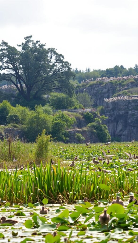 An expansive vista of diverse bird habitats, captured with a wide-angle lens and soft, diffused lighting. In the foreground, a lush wetland teeming with reeds, cattails, and lily pads, home to waterfowl such as ducks and herons. Further back, a mature forest canopy provides shelter for songbirds and raptors, with dappled sunlight filtering through the leaves. In the distance, a rugged, rocky cliff face hosts a colony of nesting seabirds, their cries echoing across the scene. The overall mood is one of harmonious coexistence, highlighting the intricate web of ecosystems that sustain avian life.