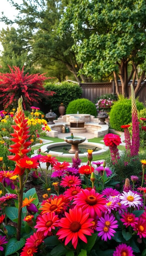 An idyllic backyard scene with a lush, vibrant floral garden in the foreground. The centerpiece is a colorful array of native nectar-rich flowers, including red hot poker, fuchsia, and lantana, arranged in a captivating pattern. In the middle ground, a trickling water feature with a small bird bath invites hummingbirds to bathe and drink, while a canopy of verdant trees and shrubs in the background provides shelter and nesting sites. The lighting is soft and natural, with the scene bathed in the warm glow of the evening sun. An atmosphere of serene tranquility and harmony pervades the image, creating an inviting haven for these tiny, iridescent avian gems.