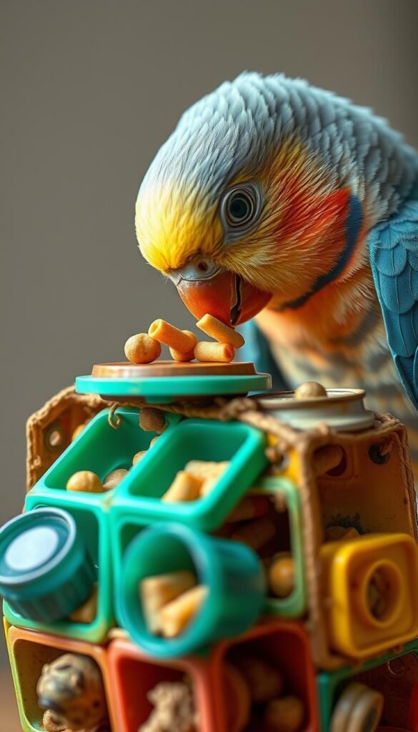 An intricately detailed close-up scene of a wild bird, likely a parrot or cockatiel, foraging and interacting with a visually appealing and stimulating DIY foraging toy. The bird is rendered with a high level of realism, its vibrant plumage and expressive eyes capturing the curiosity and engagement as it discovers different compartments, lids, and manipulative elements of the toy. The toy itself is a visually complex, three-dimensional structure, featuring a variety of textures, materials, and hidden food rewards that challenge the bird's natural foraging instincts. The lighting is soft and natural, creating depth and highlighting the intricate details of both the bird and the toy. The background is blurred, placing the focus squarely on the captivating interaction between the bird and its enrichment device.