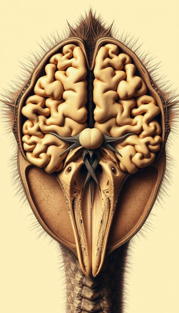An intricately detailed cross-section of an ostrich brain, beautifully rendered with a sense of scientific curiosity and evolutionary wonder. The midbrain, cerebellum, and olfactory bulbs are prominently featured, showcasing the unique adaptations that have enabled the ostrich's remarkable visual acuity and spatial awareness. Rendered in a warm, sepia-toned palette, the image conveys a sense of timelessness and the profound mysteries of the natural world. Carefully composed to highlight the brain's complex neural pathways and intricate structures, the scene is bathed in soft, diffused lighting that enhances the sense of depth and dimensionality. This captivating scientific illustration invites the viewer to ponder the evolutionary journey that has shaped the ostrich's exceptional cognitive capabilities.