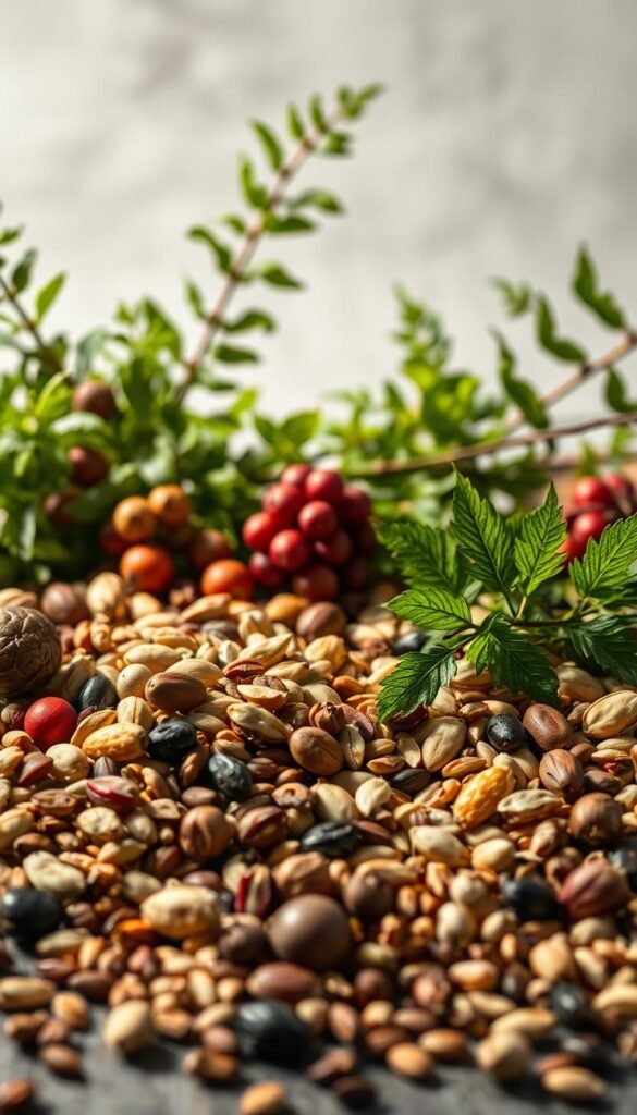 An ornately detailed, highly realistic still life depicting the essential dietary components for wild birds. In the foreground, a scattering of nutrient-rich seeds, nuts, and berries in natural hues. In the middle ground, various vibrant green foliage, lush and textured, creating a naturalistic backdrop. The lighting is soft and diffuse, casting gentle shadows that accentuate the forms and textures. The overall composition is balanced and harmonious, conveying a sense of abundance and nourishment for the avian subjects. The scene is captured with a shallow depth of field, drawing the viewer's eye to the central elements. The mood is one of serene, restorative abundance, befitting the theme of "Understanding Essential Bird Nutrition".
