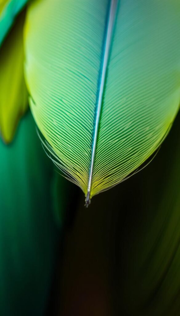 An up-close, macro view of a bird's vibrant feather in soft, natural lighting. The feather's intricate structure is clearly visible, with each delicate barb and barbule meticulously rendered. The feather appears healthy and well-maintained, with a smooth, uniform texture and vivid coloration. The background is blurred, placing the focus entirely on the feather's intricate details. A sense of wonder and appreciation for the feather's complex beauty pervades the scene, inviting the viewer to closely examine this marvel of avian biology.