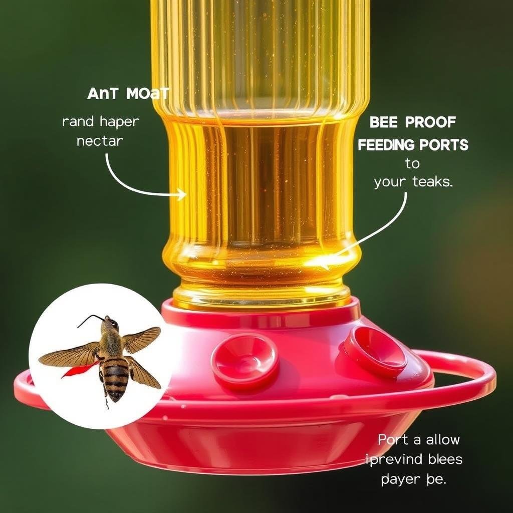 Ant moat and bee-proof ports on a smart hummingbird feeder