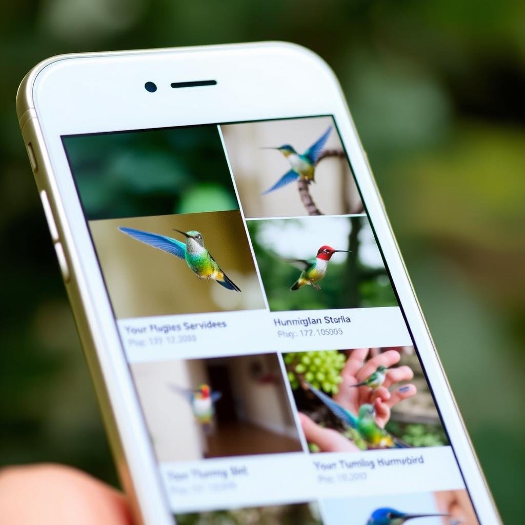 App interface showing gallery of hummingbird videos and photos