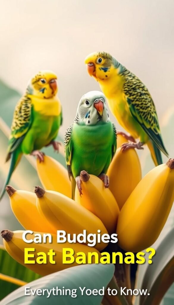 Budgies perched on lush banana leaves, their vibrant plumage contrasting against the warm, golden hues of the ripe fruit. The birds' inquisitive gazes and playful poses suggest a harmonious coexistence, as if they are exploring and enjoying the natural world around them. Soft, diffused lighting casts a gentle glow, creating a serene and inviting atmosphere. The composition is balanced, with the budgies and bananas occupying the central focus, while the background gently fades into a dreamlike, out-of-focus landscape. This image captures the essence of the introduction to the article, "Can Budgies Eat Bananas? Everything You Need to Know."