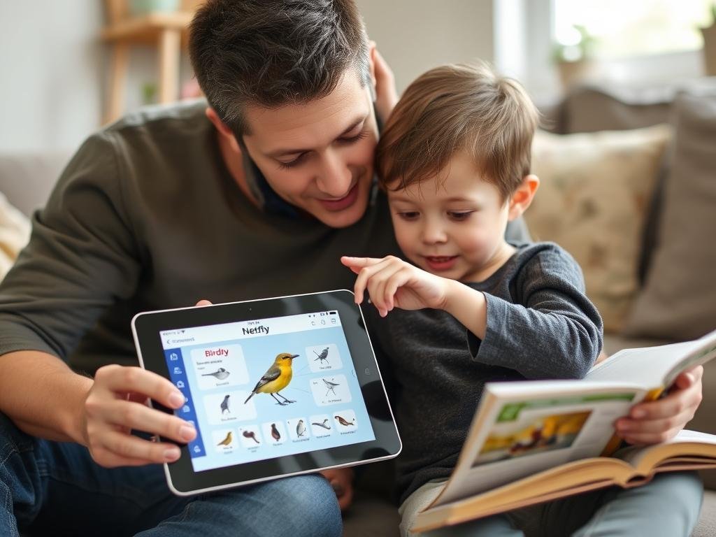 Child learning about birds using the NETVUE Birdfy app with parent
