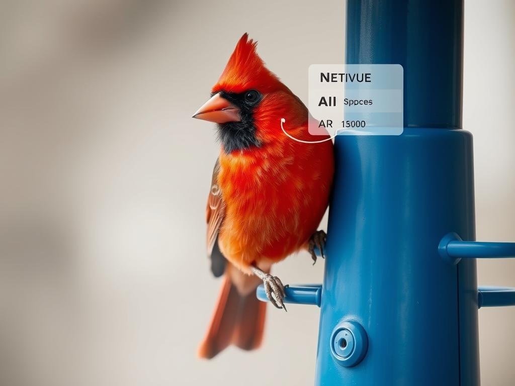 Close-up of a cardinal at the NETVUE by Birdfy AI Smart Bird Feeder with species identification overlay