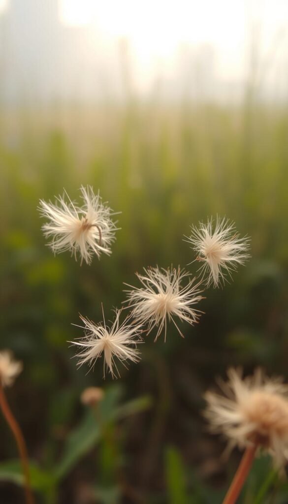 Closeup view of soft, downy thistle seeds in a natural, rustic setting. Floating in the foreground against a blurred, hazy background with hints of greenery. Soft, warm lighting illuminates the delicate, wispy texture of the seeds, capturing their ethereal, otherworldly quality. The overall mood is one of tranquility and delicacy, evoking the peaceful, serene nature of these small, yet captivating botanical elements.