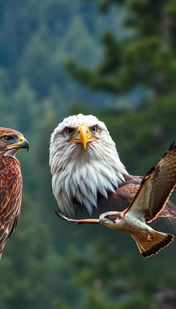 Crisp close-up of three different raptor species in a natural setting, showcasing their key visual identification features. A sharp-eyed red-tailed hawk with its distinctive rust-colored tail, a majestic bald eagle with powerful hooked beak and piercing gaze, and a nimble peregrine falcon in flight, its sleek profile and dark eye-stripe clearly visible. The raptors are presented against a subtly blurred but richly detailed forest backdrop, with soft natural lighting that accentuates the birds' plumage and contours. The overall composition is balanced and visually striking, inviting the viewer to closely examine the unique characteristics of these magnificent birds of prey.