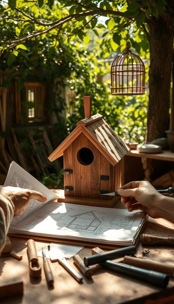 Designing a rustic wood birdhouse in a cozy, sun-dappled garden. A skilled carpenter's hands hold architectural sketches, carefully planning the structure's charming facade with pitched roof, decorative trim, and round entrance hole. Soft natural light filters through lush greenery, casting warm shadows across the workbench cluttered with woodworking tools. In the background, a vintage birdcage hangs from a tree branch, inspirational for the project. The scene conveys a sense of tranquility and artisanal craftsmanship, perfectly suited for building a welcoming home for feathered friends.