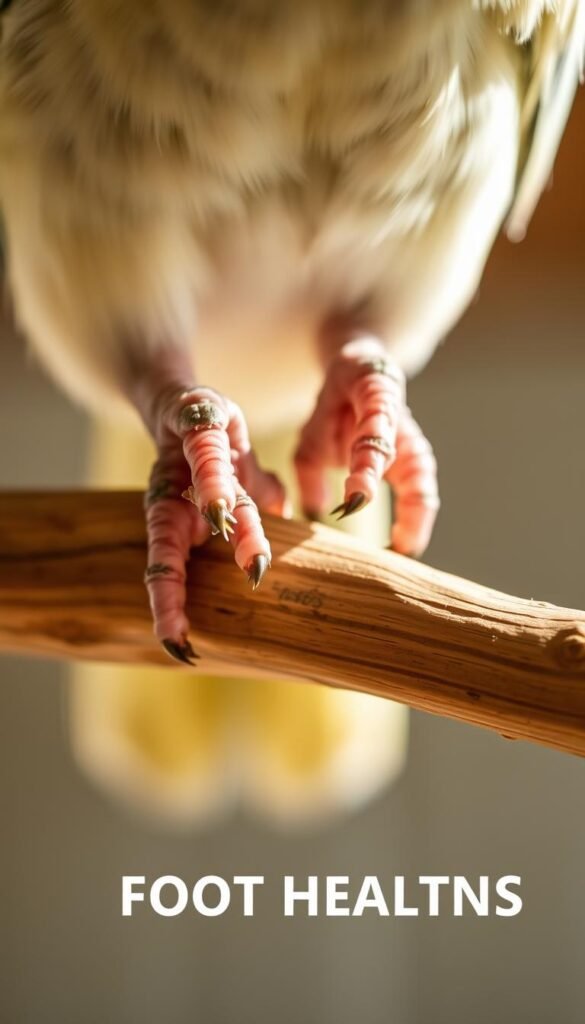 Detailed close-up of a bird's feet, perched on a wooden branch. The feet are in focus, with the toes and claws clearly visible. Soft, diffused natural lighting illuminates the scene, creating a warm, calm atmosphere. The branch provides a natural, textured background that complements the bird's feet. The composition emphasizes the intricate structure and health of the feet, highlighting the importance of proper perch materials for foot well-being. The image conveys a sense of care and attention to the bird's foot health.