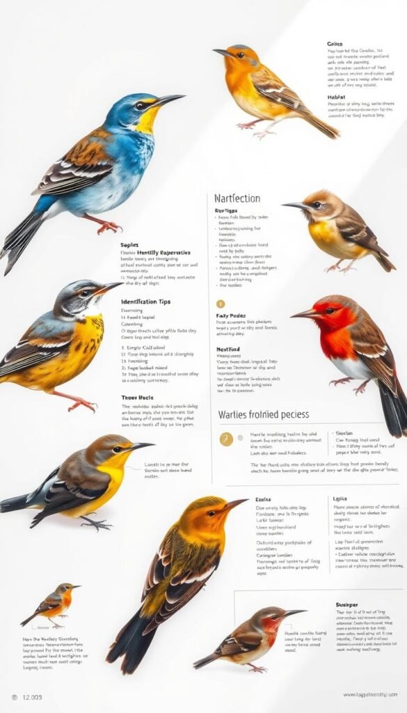 Detailed illustration of a warbler field guide, showcasing various species. Crisp, high-resolution image captured with a professional camera lens. Vibrant colors and intricate details of feathers, beaks, and eyes. Arranged on a pristine white background, with a clean, informative layout. Sections for species profiles, identification tips, and habitat information. Soft, natural lighting illuminates the guide, creating a sense of clarity and authority. The overall design and composition convey a comprehensive, educational resource tailored for novice birdwatchers to easily identify warblers in the field.