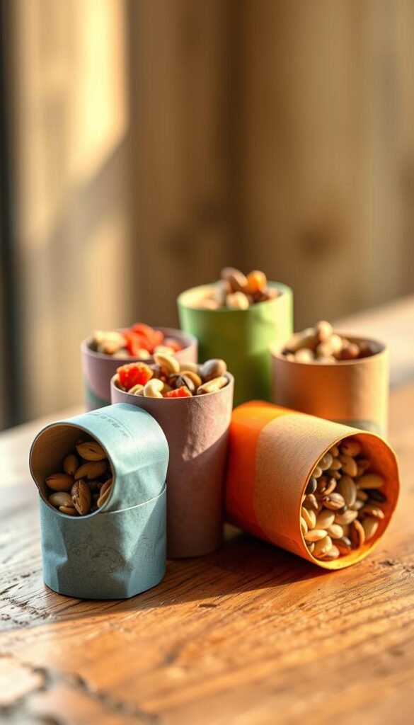 Detailed, photorealistic image of a set of colorful, handcrafted toilet paper roll treat holders for wild and captive birds. The holders are positioned on a natural wooden surface, with a slightly blurred, soft-focus background highlighting their textural details. The rolls are filled with various seeds, nuts, and dried fruits, creating an appealing mix of colors and shapes. Warm, gentle lighting casts subtle shadows, emphasizing the intricate patterns and textures of the recycled materials. The overall composition conveys a sense of creativity, sustainability, and care for the wellbeing of feathered friends.