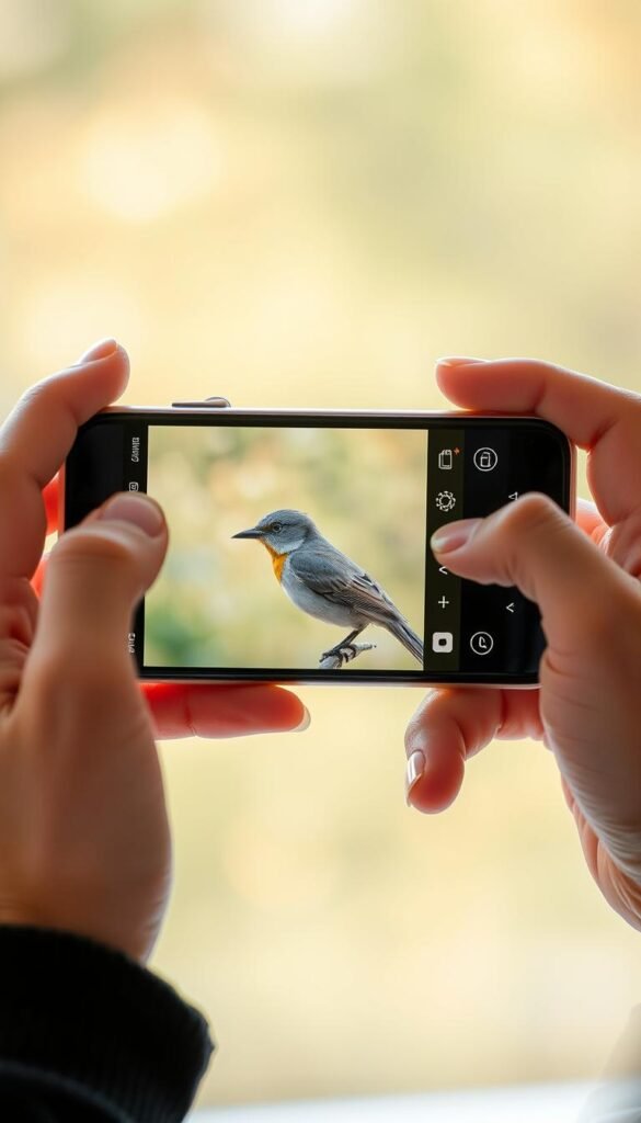 Editing bird photos on a smartphone, using photo editing apps and tools. A person's hands, holding a smartphone, with the screen displaying an image of a bird. The image is being manipulated with editing features like brightness, contrast, color adjustments, and cropping. The background is blurred, creating a focus on the smartphone screen and hands. Natural lighting from a window or outdoor setting casts a soft, warm glow. The overall scene conveys the process of enhancing and polishing bird photographs captured on a mobile device.
