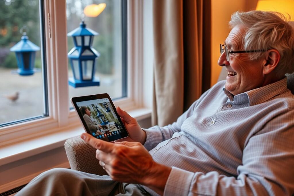Elderly person enjoying birdwatching with the NETVUE Birdfy app