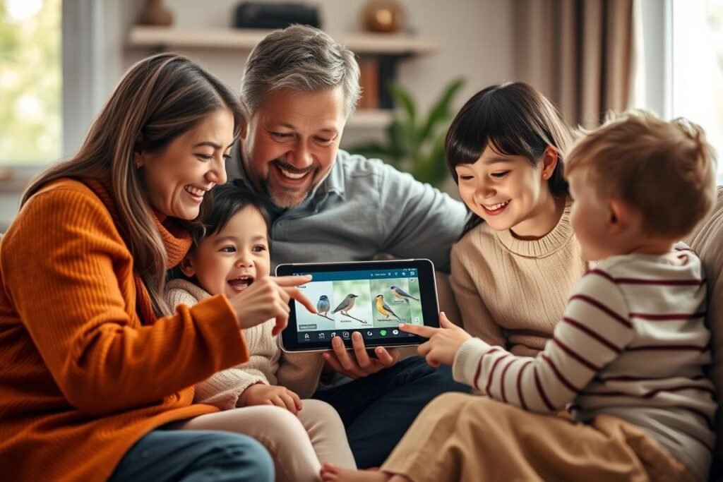 Family enjoying birdwatching together using the NETVUE Birdfy app on a tablet
