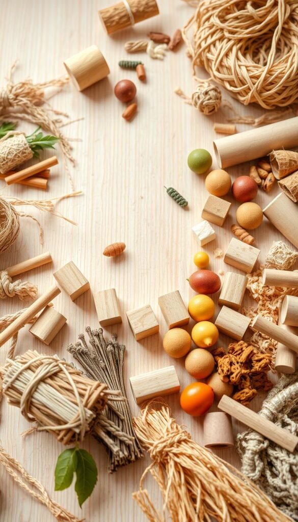 High-resolution close-up photograph of an assortment of natural and sustainable materials for making DIY foraging toys for birds, arranged in a flat lay composition on a light-colored wooden surface. Includes a variety of woven natural fibers, dried fruits and vegetables, wooden blocks and dowels, cardboard tubes, raffia, ropes, and other safe, eco-friendly elements commonly used for constructing engaging and enriching bird toys. Bright, warm lighting illuminates the scene, highlighting the textures and colors of the materials. Shallow depth of field keeps the focus on the foreground objects while softening the background.