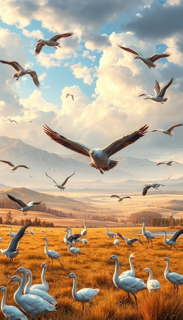 High-resolution, detailed illustration of several species of migratory birds in their natural habitats, shot with a wide-angle lens to capture the overall scene. The birds, such as geese, swans, and cranes, are shown in the foreground and mid-ground, engaged in various migratory behaviors like flying, landing, and foraging. The background features vast, scenic landscapes representative of the birds' stopovers and breeding grounds, with rolling hills, forests, wetlands, and dramatic skies. The lighting is soft and natural, casting warm, golden tones that evoke a sense of wonder and discovery. The overall composition is balanced and visually captivating, highlighting the beauty and complexity of avian migration.