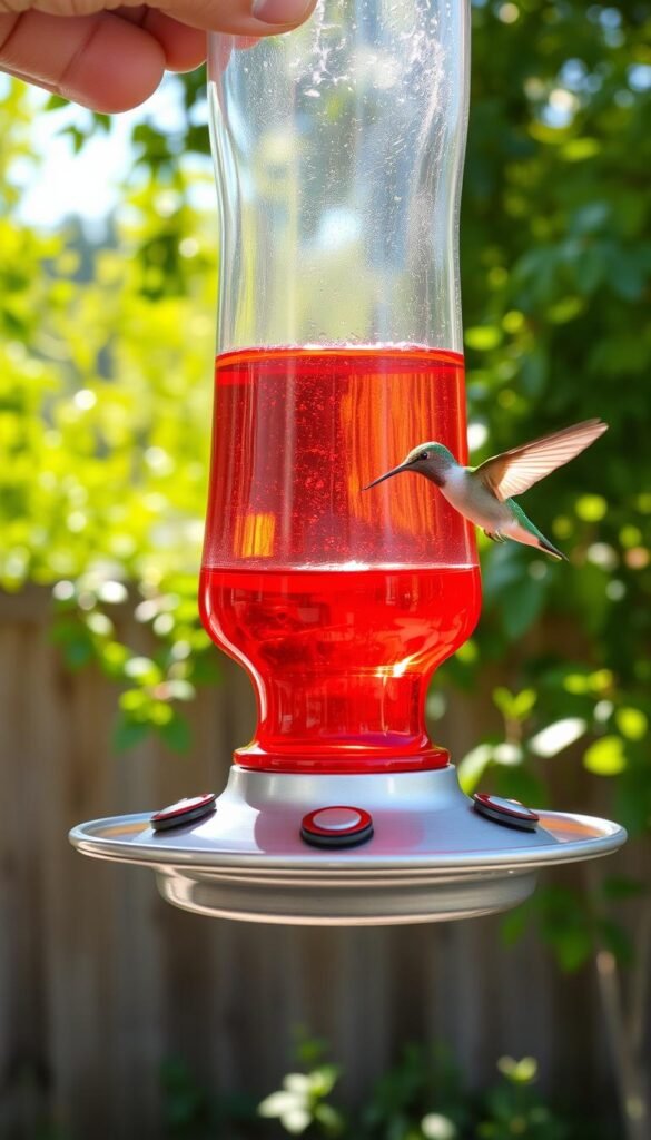 Hummingbird feeder maintenance in warm, natural sunlight. Close-up view of a feeder with a clear glass reservoir, filled with vibrant red sugar water. Delicate hummingbird hovering near the feeder, its iridescent feathers shimmering. In the background, lush green foliage and a wooden fence, creating a serene, backyard setting. The feeder's metal base is slightly tarnished, suggesting regular use. Composition emphasizes the focus on proper feeder upkeep, with the hummingbird as the central subject, highlighting the importance of maintaining a clean, inviting feeder for these tiny, beautiful birds.